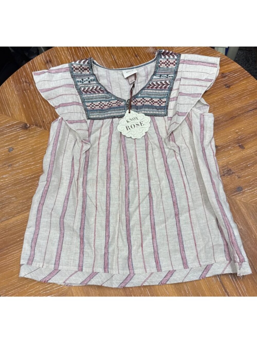 Knox Rose S Embroidered Striped Cotton Linen Blend Sleeveless Tunic Top Made In - Picture 2 of 9
